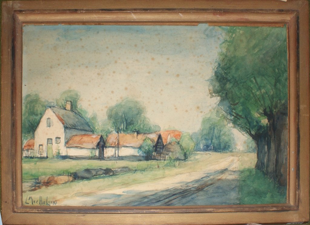 Leo Mechelaere (1880-1964): Landelijke weg (56 x 40cm), Ophalen of Verzenden, Gesigneerd, Aquarel