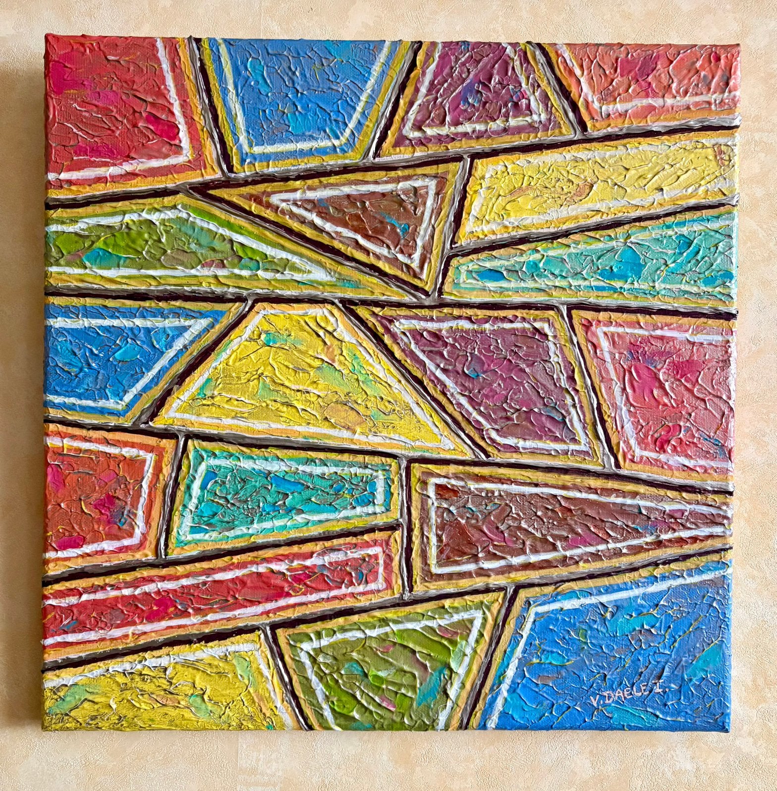 Blokken. Schilderij op linnen.  Gesigneerd., Antiek en Kunst, Ophalen