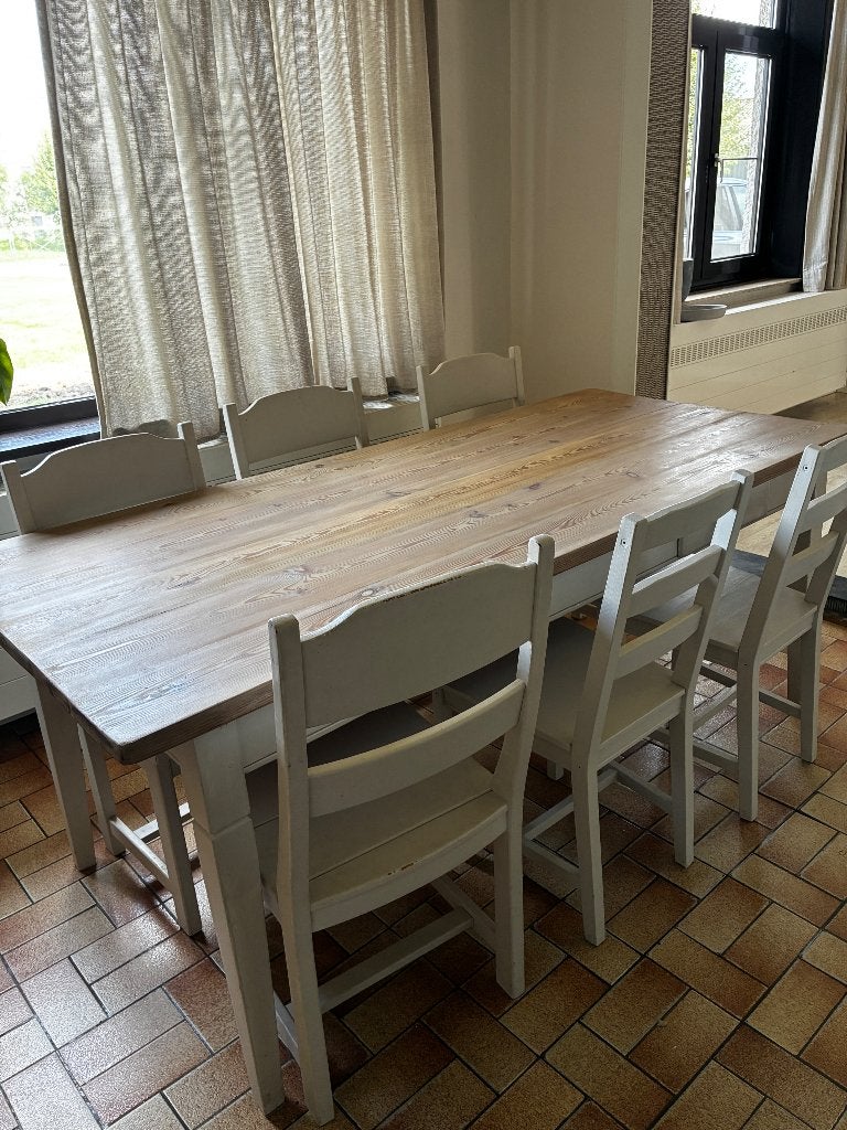 Landelijke tafel met 8 stoelen, Huis en Inrichting, Ophalen, Gebruikt, Vijf personen of meer, Landelijk