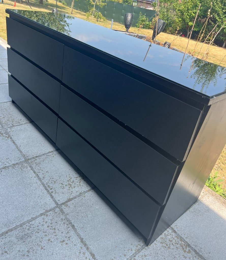 Buffet IKEA 6 tiroirs 161x78x48 cm avec verre noir, Maison & Meubles, Moins de 100 cm, 150 à 200 cm, Verre, Enlèvement