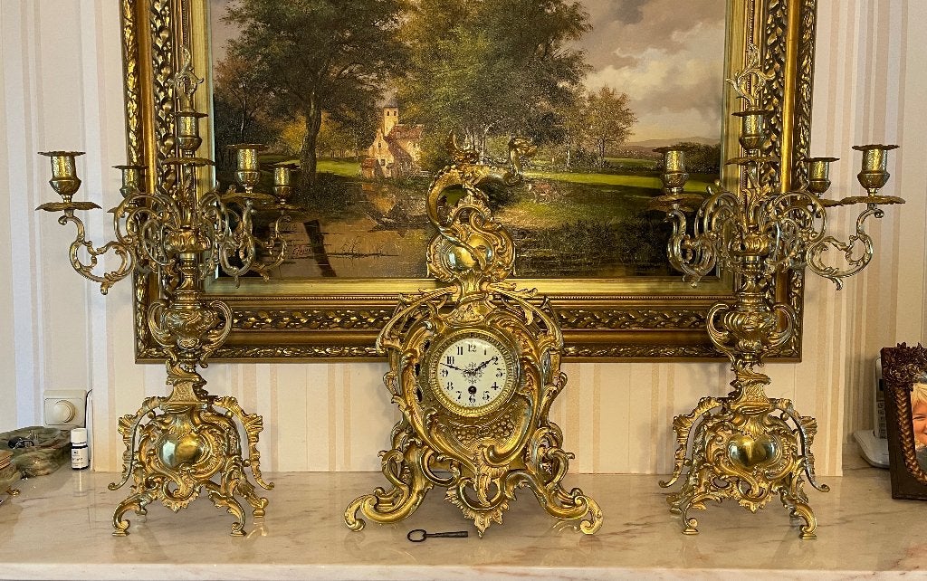 Vergulde bronzen schouwgarnituur, ca 1880, Enlèvement