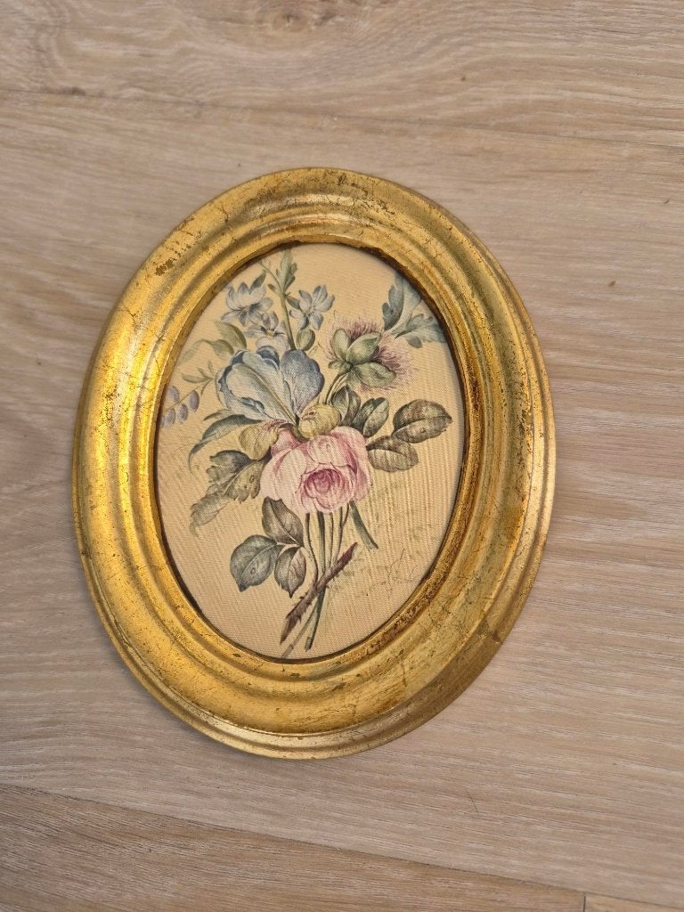 Schilderij reproductie ovaal Vintage klassiek bloemenboeket, Ophalen, Minder dan 50 cm, Gebruikt, Schilderij