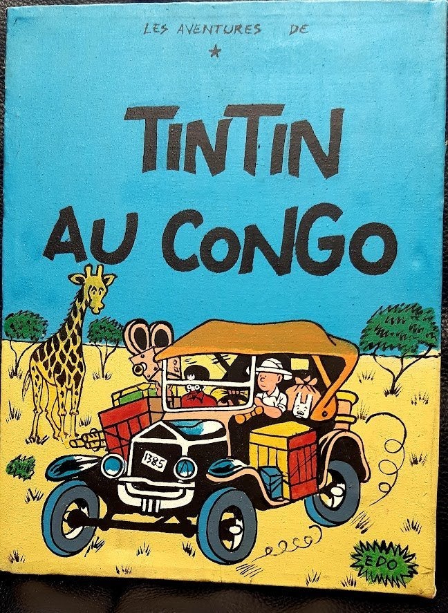 Schilderij over Kuifje in Congo, olie op doek., Antiquités & Art, Art | Peinture | Classique, Enlèvement, Signé, Toile