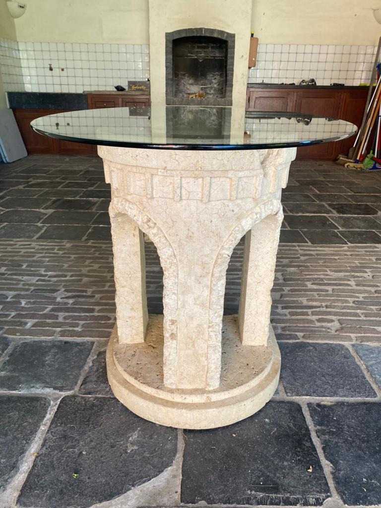 Vintage sculpturale design tafel met kast – travertin look., Huis en Inrichting, Tafels | Eettafels, Ophalen, Overige materialen