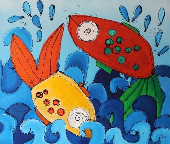 Kunsthandel Gennep - "The Whales Dance", Antiquités & Art, Art | Peinture | Moderne, Enlèvement ou Envoi, Signé, Technique mixte
