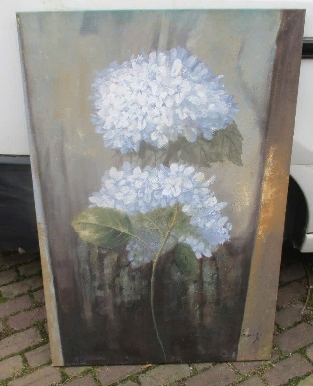 Belle grande œuvre peinte « 2 grandes fleurs » - signée, Antiquités & Art, Enlèvement ou Envoi, Peinture à l'huile, Signé, Toile
