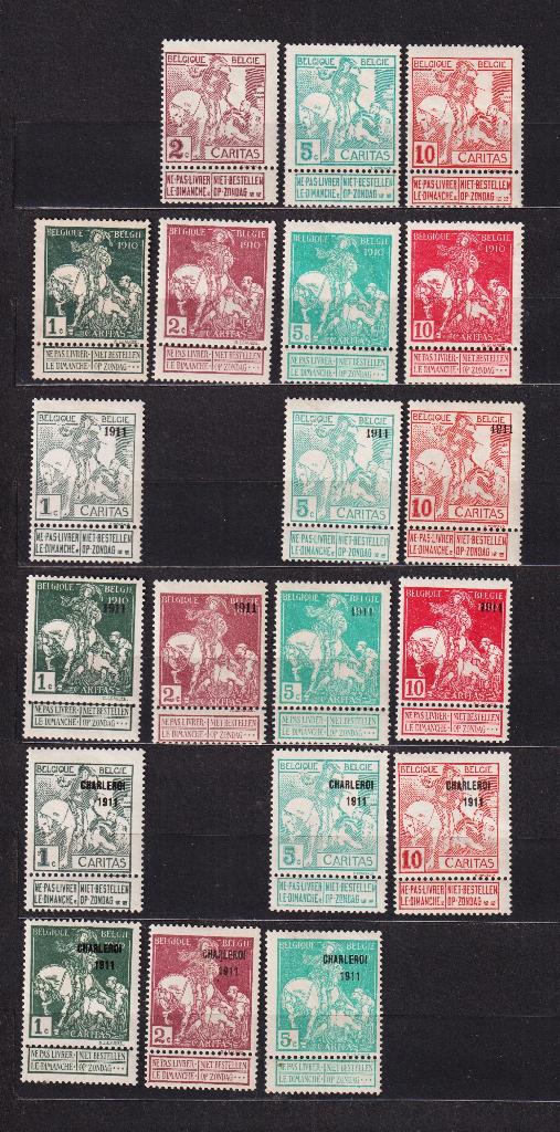 Timbres de Belgique 1910-1912 de la série Caritas, Envoi, Non oblitéré, Trace d'autocollant