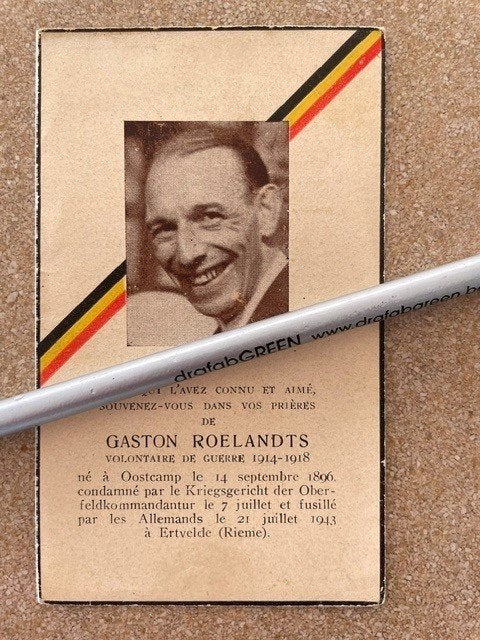 40-45 Verzetstrijder Dhr Gaston Roelandts gefusilleerd 1943, Ophalen of Verzenden, Bidprentje