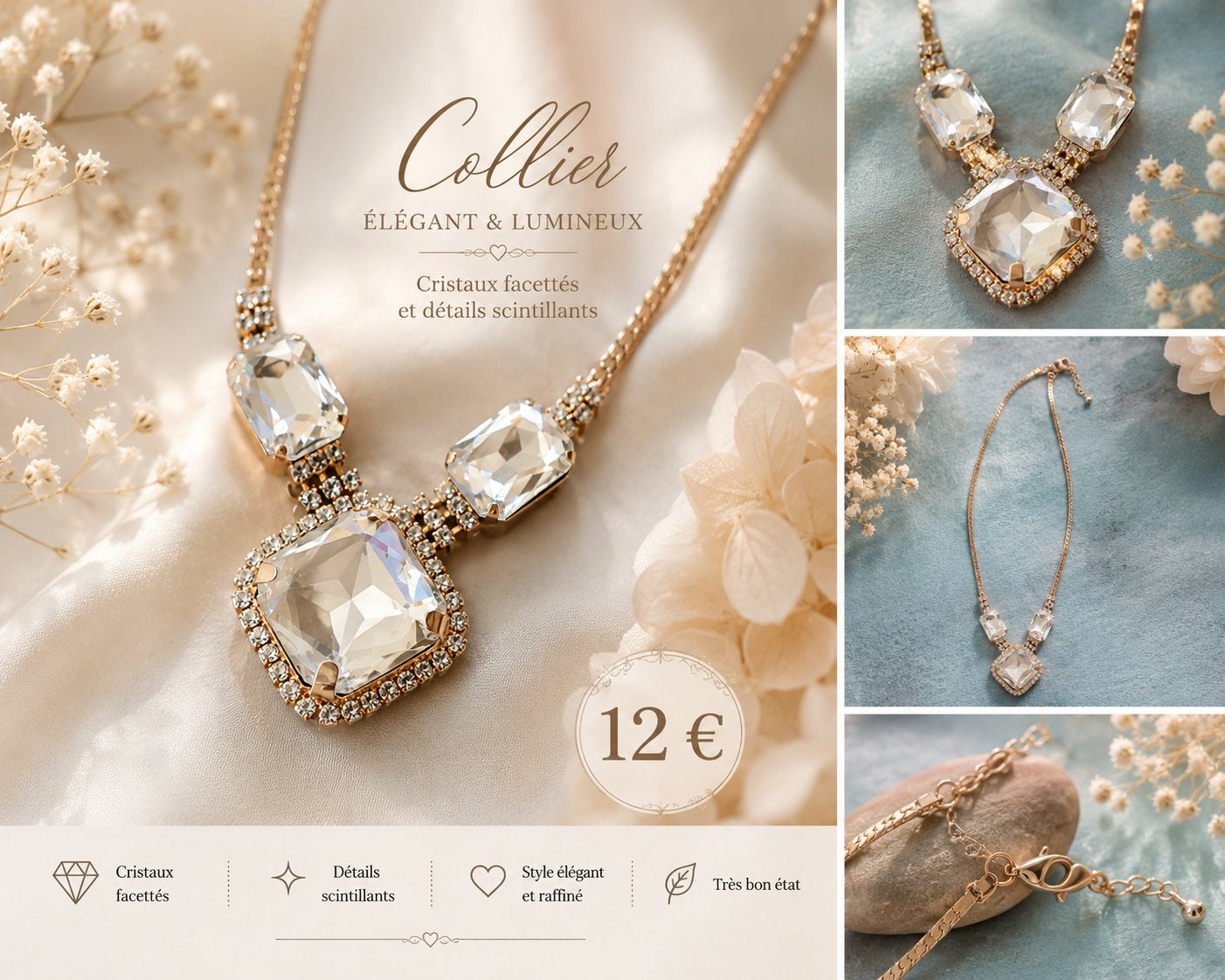 Collier élégant doré avec pierres scintillantes, Enlèvement, Comme neuf