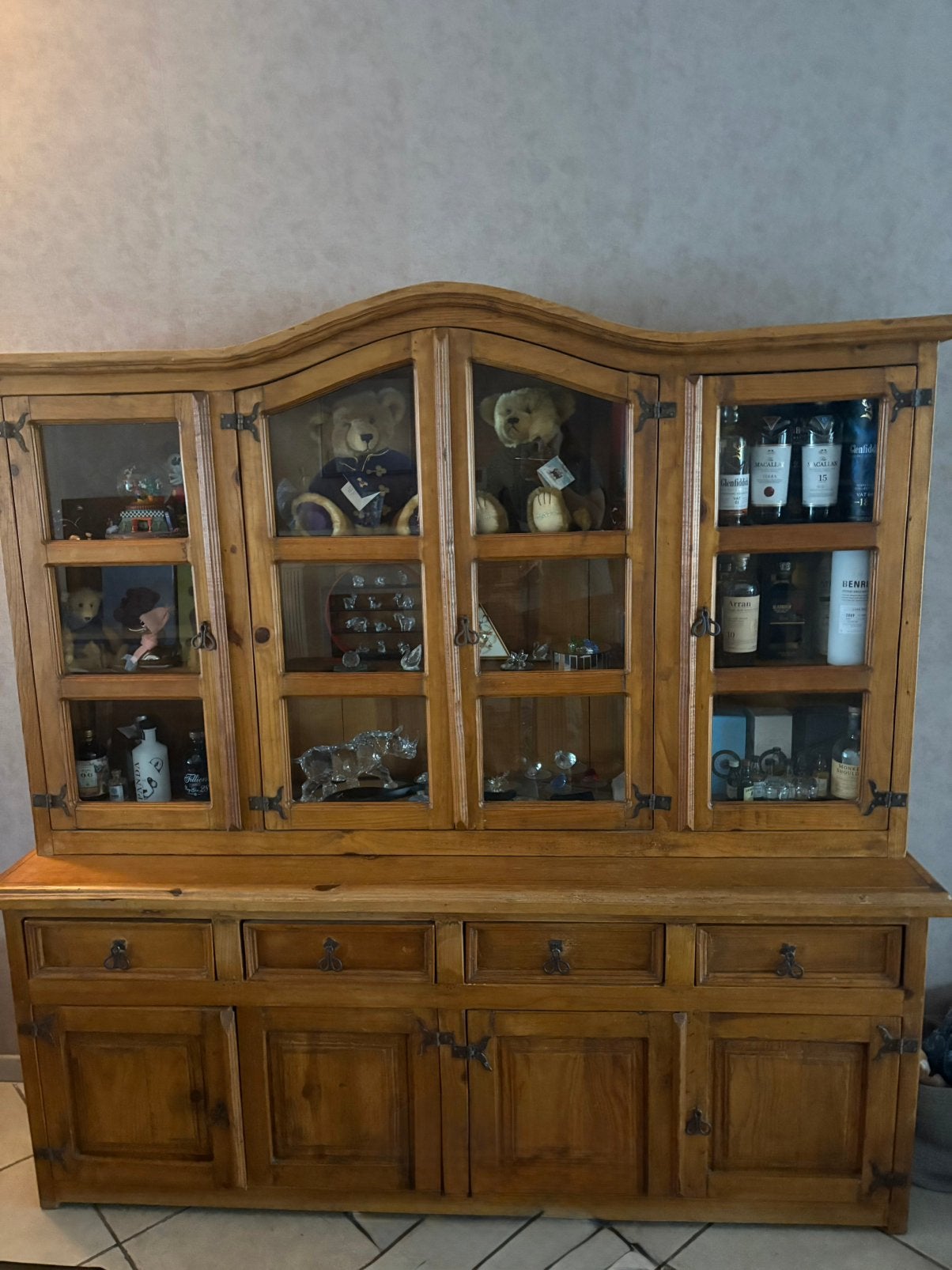 Massive grenen buffetkast met vitrine 190H 200B 50D, 25 à 50 cm, 150 à 200 cm, Comme neuf, Landelijk