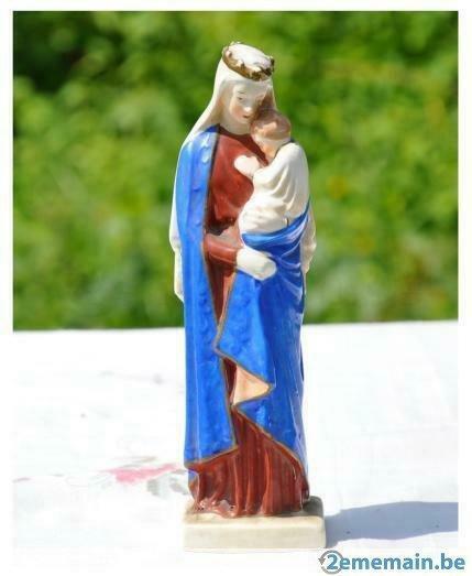 vierge a l'enfant en porcelaine cape bleu