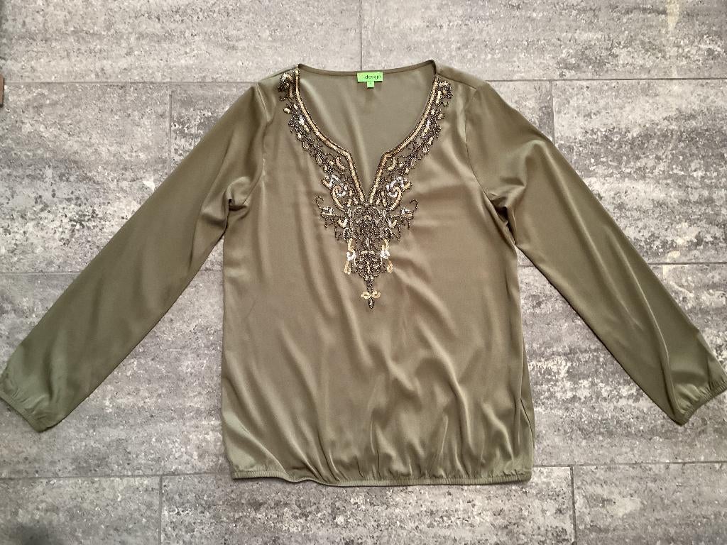 Chemise/chemisier kaki K-design S/M, Enlèvement ou Envoi, Comme neuf, Vert, Taille 38/40 (M)