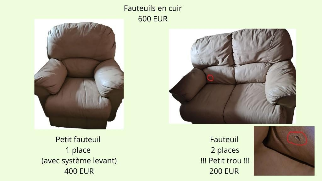2 fauteuils en cuir, Maison & Meubles, Fauteuils, Enlèvement, Utilisé, Cuir