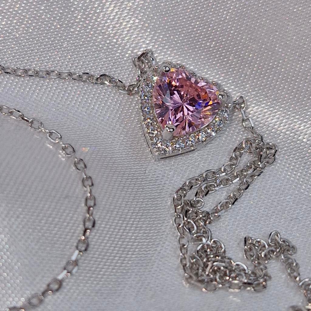 Collier en argent avec cœur en zirconium., Envoi, Comme neuf, Rose, Cœur
