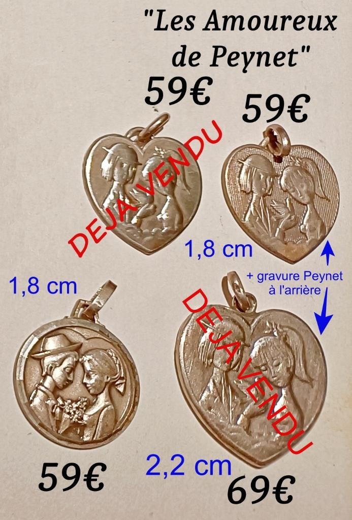 Pendentif coeur ou rond "Les amoureux de Peynet" en argent, Gebruikt, Overige voorstellingen, Ophalen of Verzenden, Zilver
