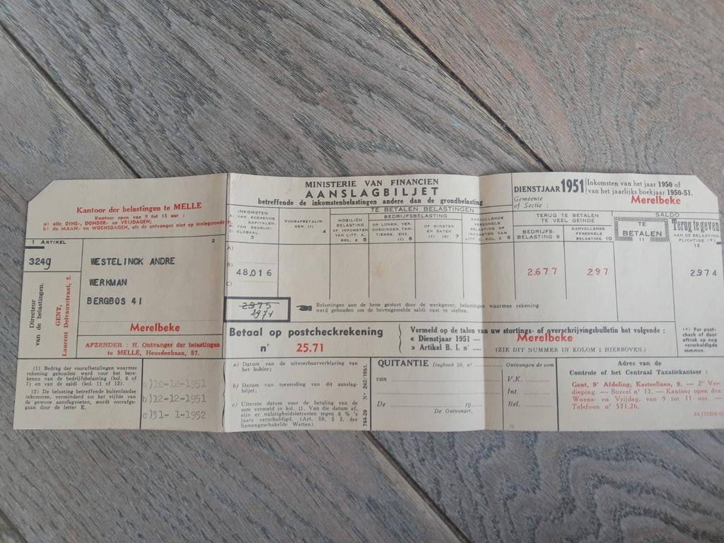 Oud aanslagbiljet belastingen 1951, Merelbeke, Westelinck, Ophalen of Verzenden
