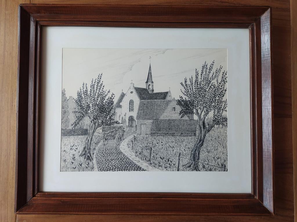 Landschap met kerkje en man met kar., Antiek en Kunst, Ophalen of Verzenden