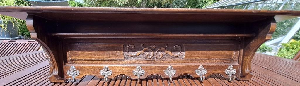 Vintage houten wandkapstok met hoedenrek, Gebruikt, Minder dan 100 cm, Hout, Ophalen