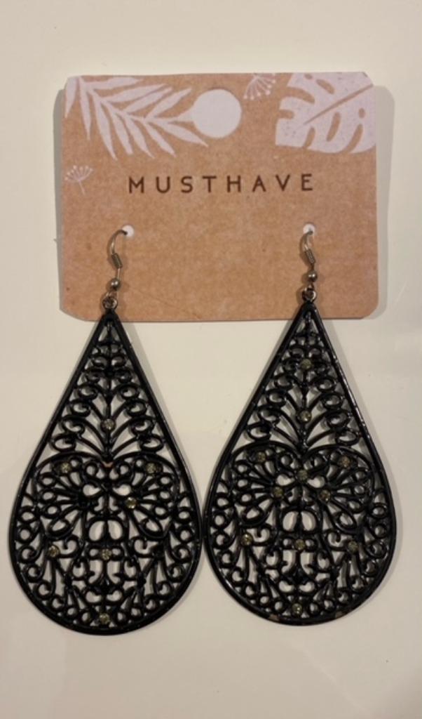 Zwarte druppelvormige oorbellen met filigraanwerk, Bijoux, Sacs & Beauté, Boucles d'oreilles, Enlèvement ou Envoi, Utilisé, Noir