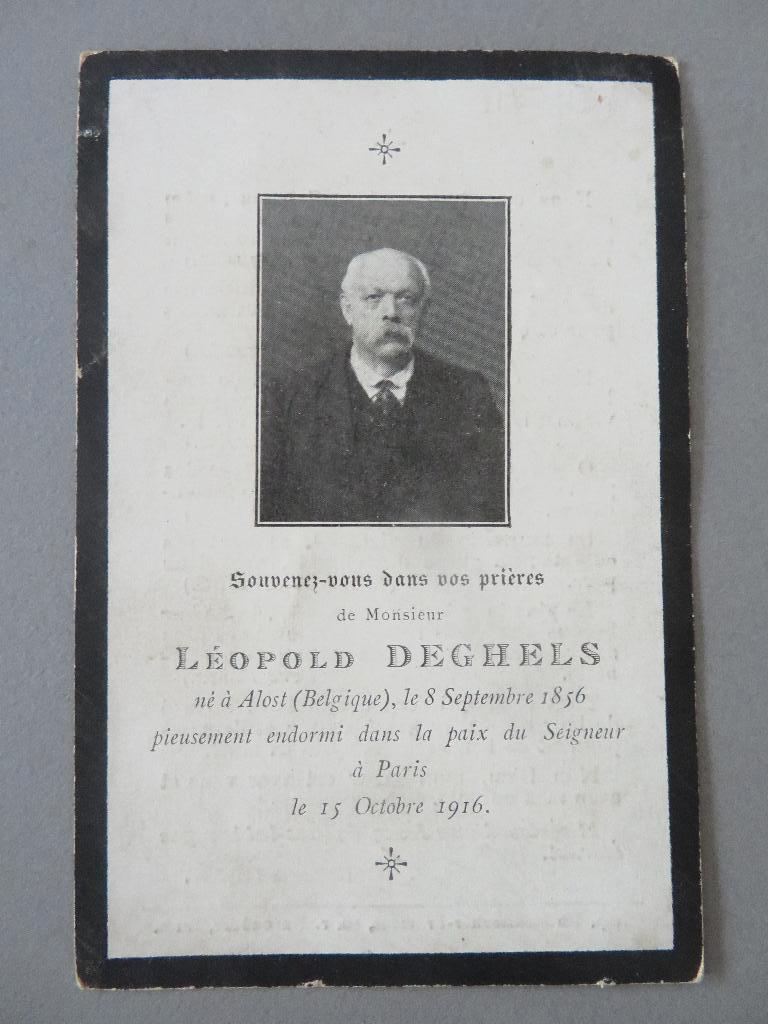 bidprentje Leopold Deghels Aalst 1856 Parijs 1916 WO1, Verzamelen, Bidprentjes en Rouwkaarten, Ophalen of Verzenden, Bidprentje