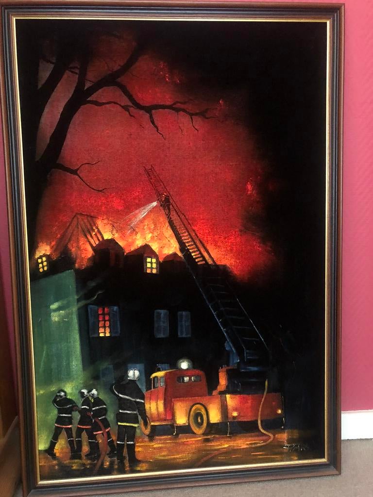 Cadre peinture sur velours pompiers, Antiquités & Art, Enlèvement