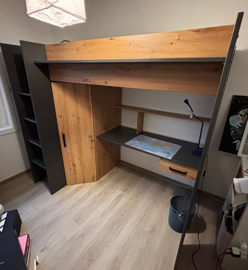 Lit mezzanine avec bureau, armoire, matelas, éclairage IKEA, 90 cm, Gris, Une personne, Enlèvement