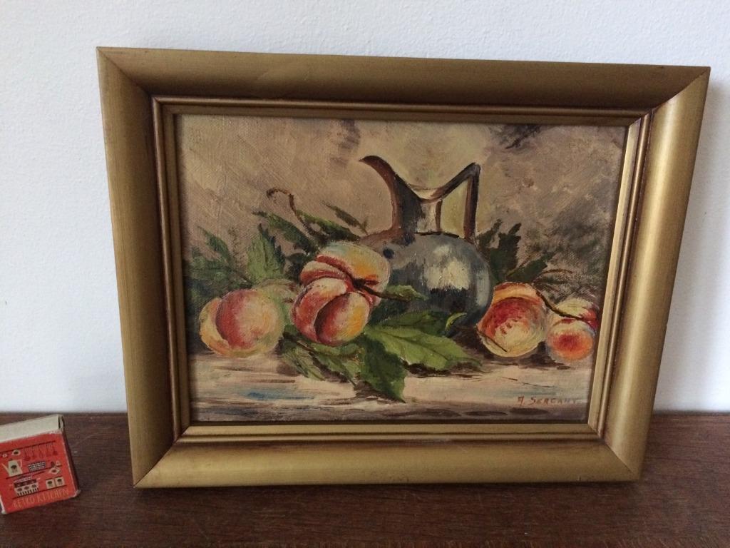 petite mini peinture nature morte pêches feuilles peut oreil, Moins de 50 cm, Enlèvement ou Envoi, Comme neuf, Création originale