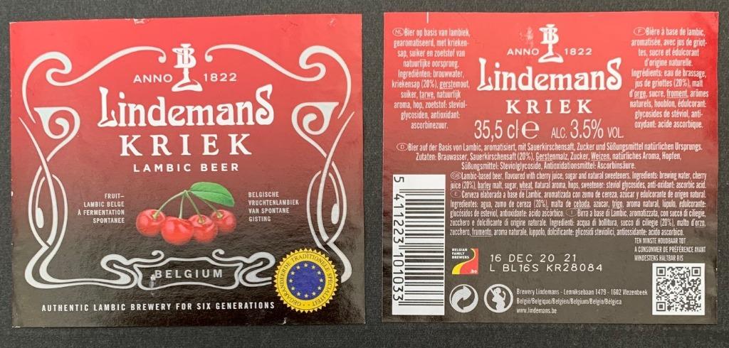 Bieretiket Lindemans Kriek Brouwerij Lindemans (2n6), Verzamelen, Biermerken, Ophalen of Verzenden, Gebruikt, Overige typen, Overige merken