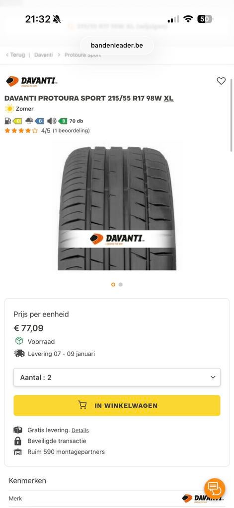 Davanti protoura sport 215/55 r17 98W XL DOT2824, Auto-onderdelen, Banden en Velgen, Ophalen of Verzenden, Band(en)