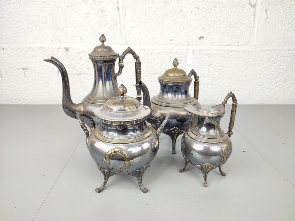 Antiek verzilverd koffie en thee servies, Antiquités & Art, Antiquités | Argent & Or, Argent, Enlèvement ou Envoi