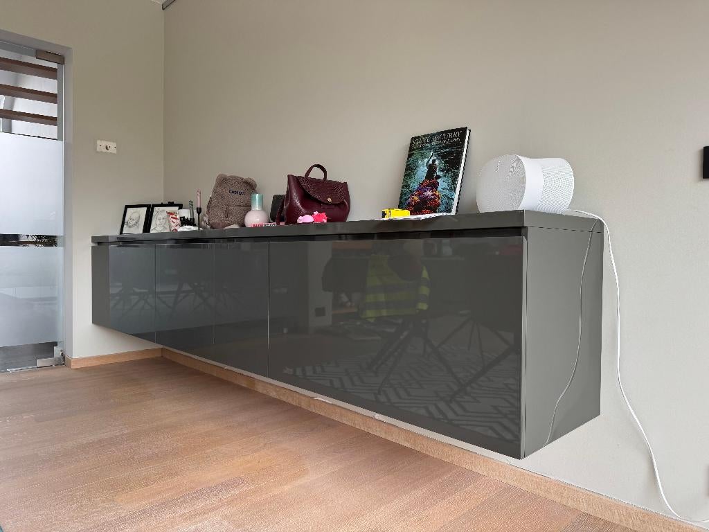 Design buffetkast massief met gelakte afwerking grijs, Ophalen, Gebruikt, 200 cm of meer, Minder dan 100 cm