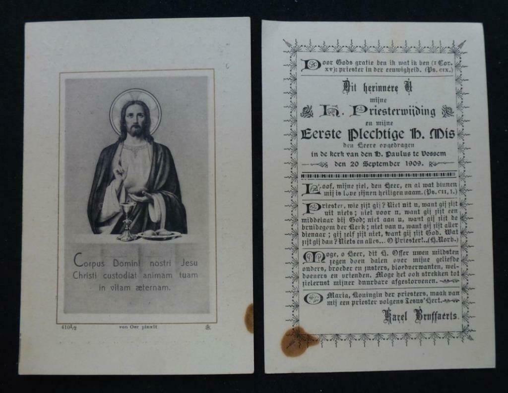 oud bidprentje h. priesterwijding Karel Bruffaerts 1909, Verzenden, Bidprentje