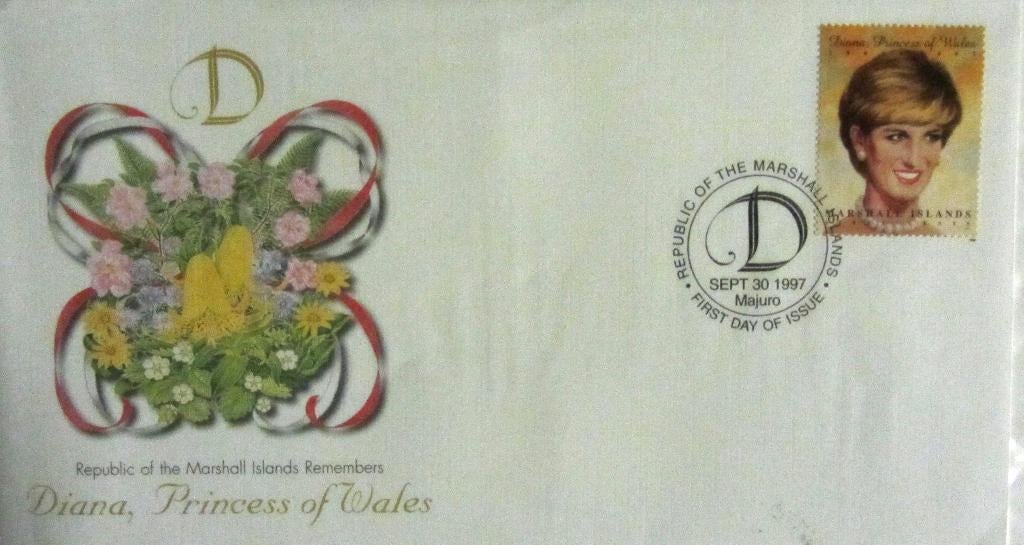 GROTE FDC- PRINSES DIANA MET POSTZEGEL MARCHAL ISLANDS, Ophalen of Verzenden, Gestempeld, Koningshuis