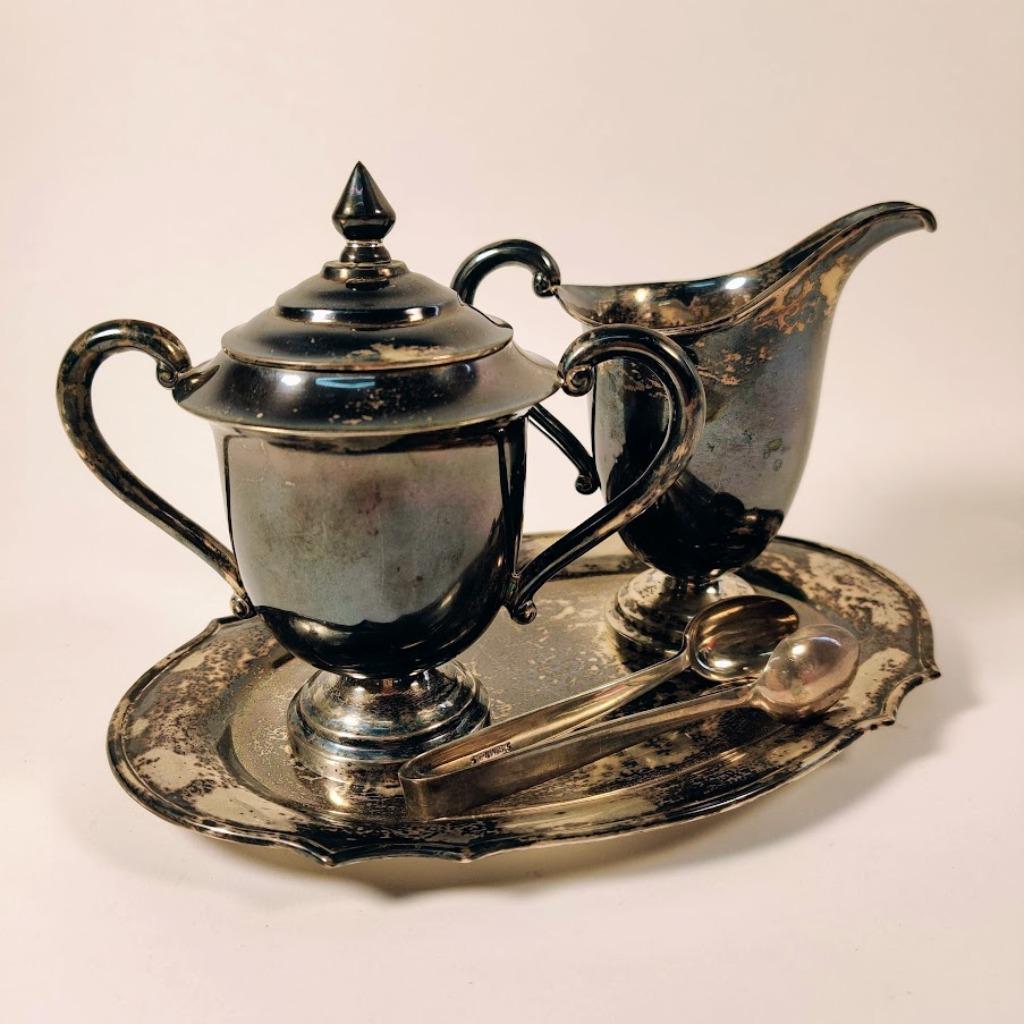 zilveren melkkan, suikerpot, suikertang schotel sterling 925, Antiek en Kunst, Ophalen of Verzenden