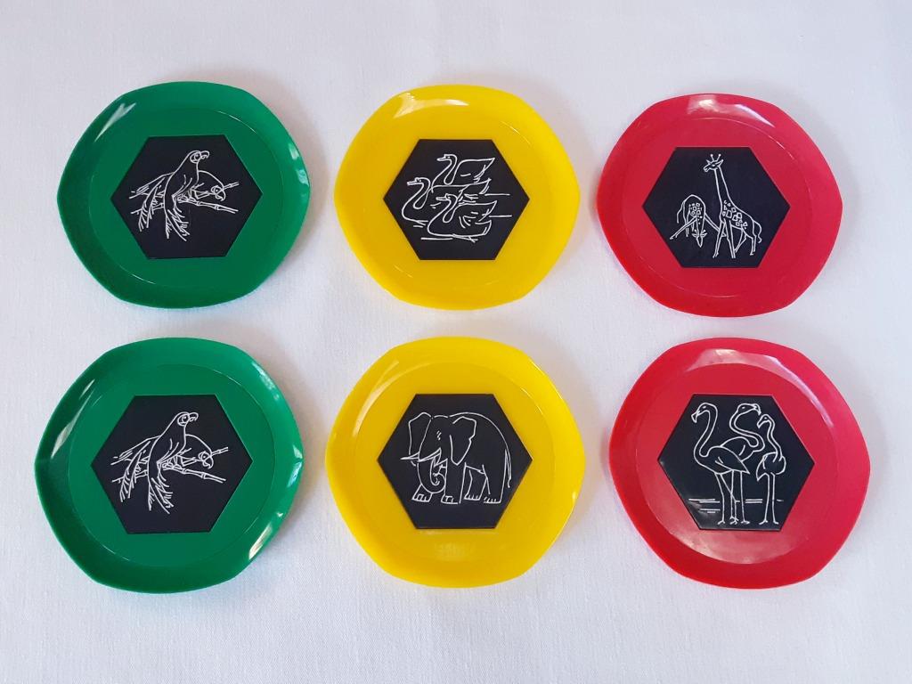 6 vintage 1970 plastic onderzetters wilde dieren decoratie, Ophalen of Verzenden