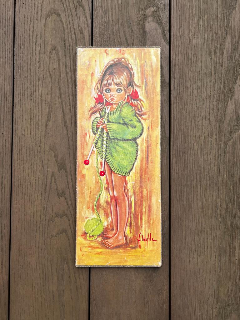 Retro print op hout  big eyes Idylle meisje met breiwerk, Ophalen of Verzenden, Zo goed als nieuw