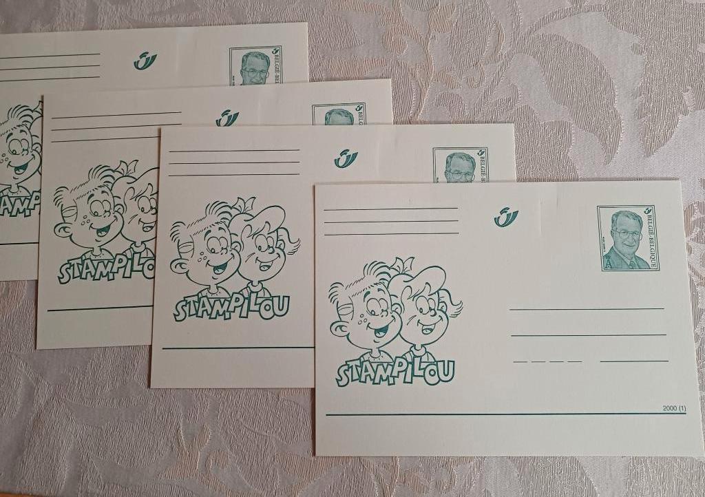 4 gele briefkaarten 'Stampilou' - gefrankeerd Albert II, Ophalen of Verzenden, 1980 tot heden, Ongelopen