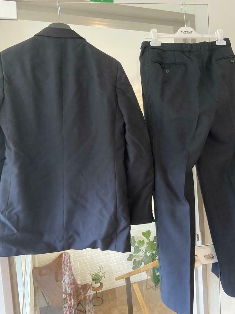 Uiterst kwalitatief maatpak donkerblauw met zwarte kraag, Ophalen of Verzenden