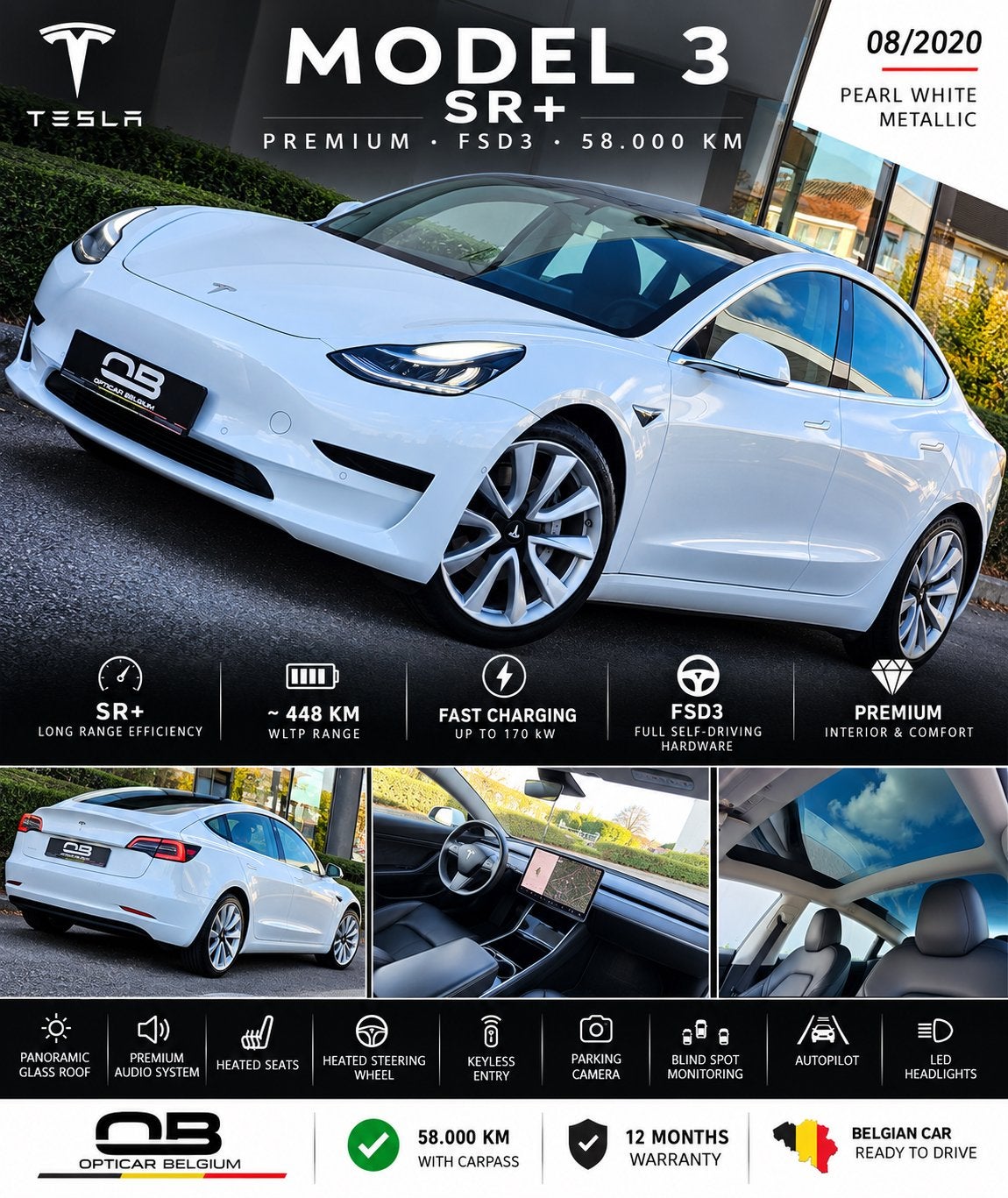 ** Tesla 3 - SR+ - 58.000 km - SOH 88.3 % - Garantie **, Auto's, Automaat, Dex, Zwart, Wit