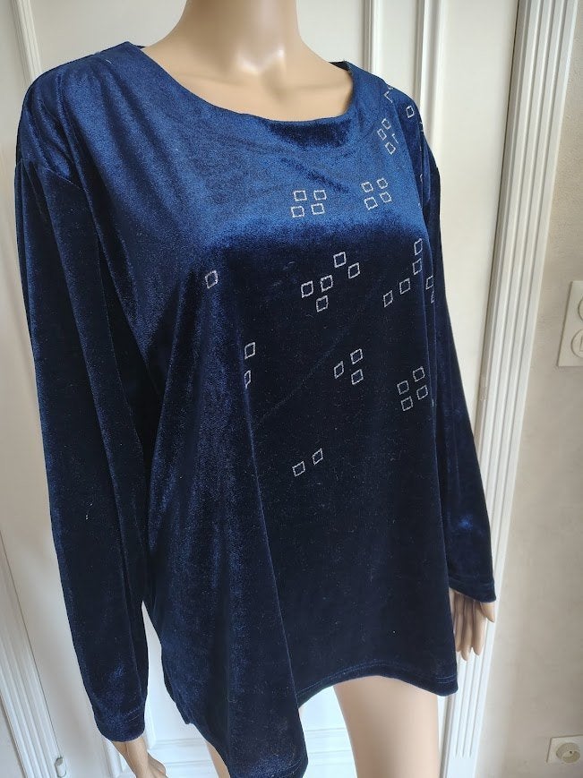 blauwe fluwelen blouse, Kleding | Dames, Verzenden, Zo goed als nieuw, Maat 42/44 (L), Blauw