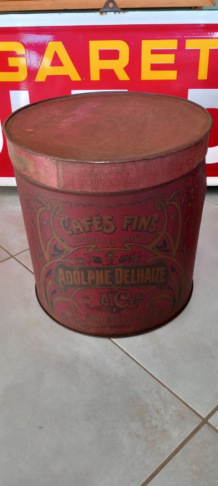 Ancienne boîte à café métallique Adolphe Delhaize & Cie, Collections, Enlèvement ou Envoi, Utilisé, Café, Autres marques
