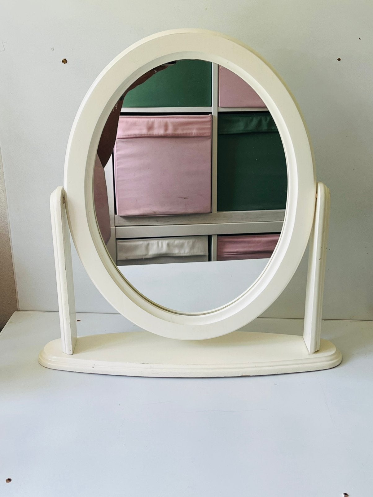 Miroir sur pied vintage en bois pivotant 45cm, Maison & Meubles, Enlèvement ou Envoi, Utilisé, Ovale, Moins de 100 cm