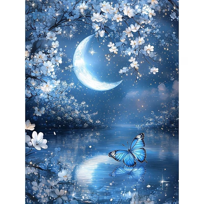 50x40cm Peinture au diamant : lune, papillon (carré), n 57, Neuf, Bleu, Diamond painting, Autres matériaux