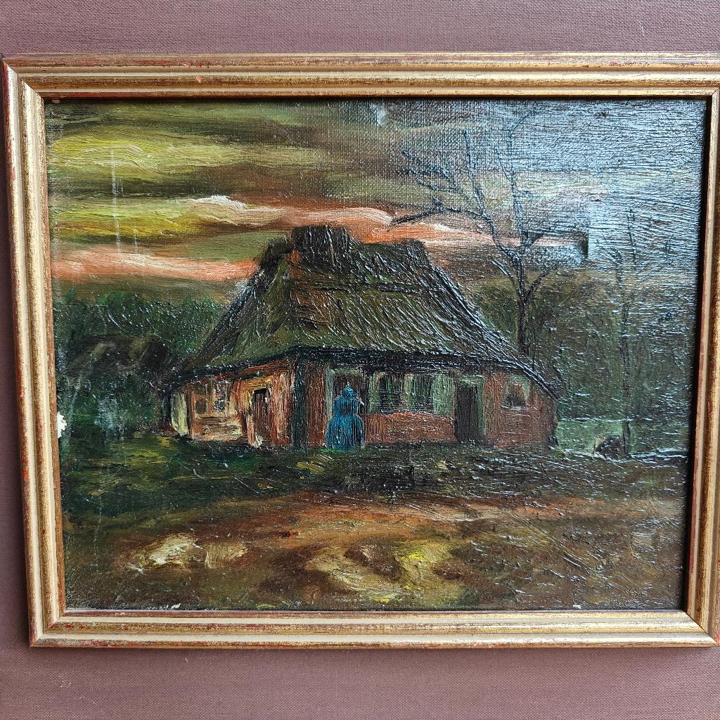 Klassiek schilderij van een boerderij met rieten dak, Antiek en Kunst, Ophalen