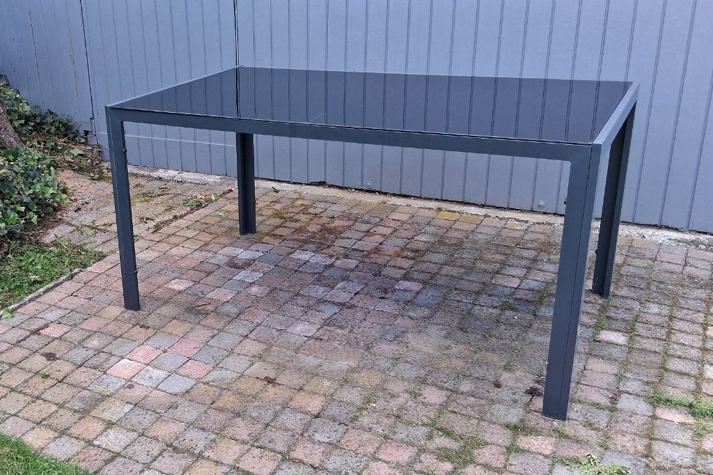Alu tuintafel met glazen blad, Ophalen, Zo goed als nieuw, Rechthoekig, Aluminium