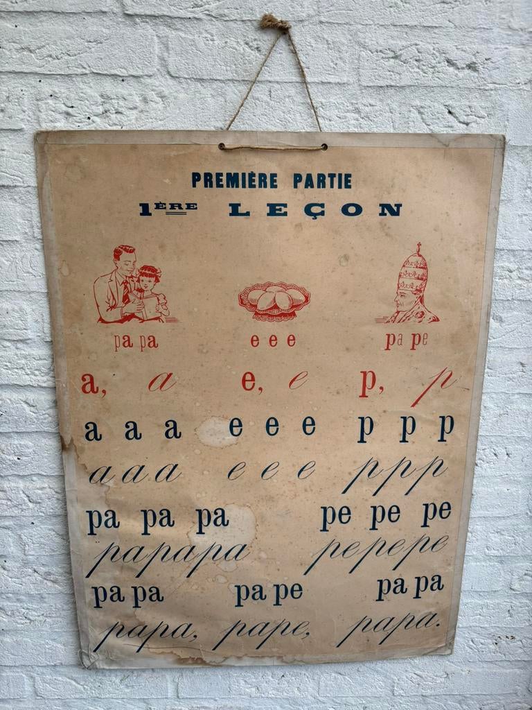 Vintage dubbelzijdig Franse schoolplaat Méthode Boscher 1950, Ophalen of Verzenden, Gebruikt