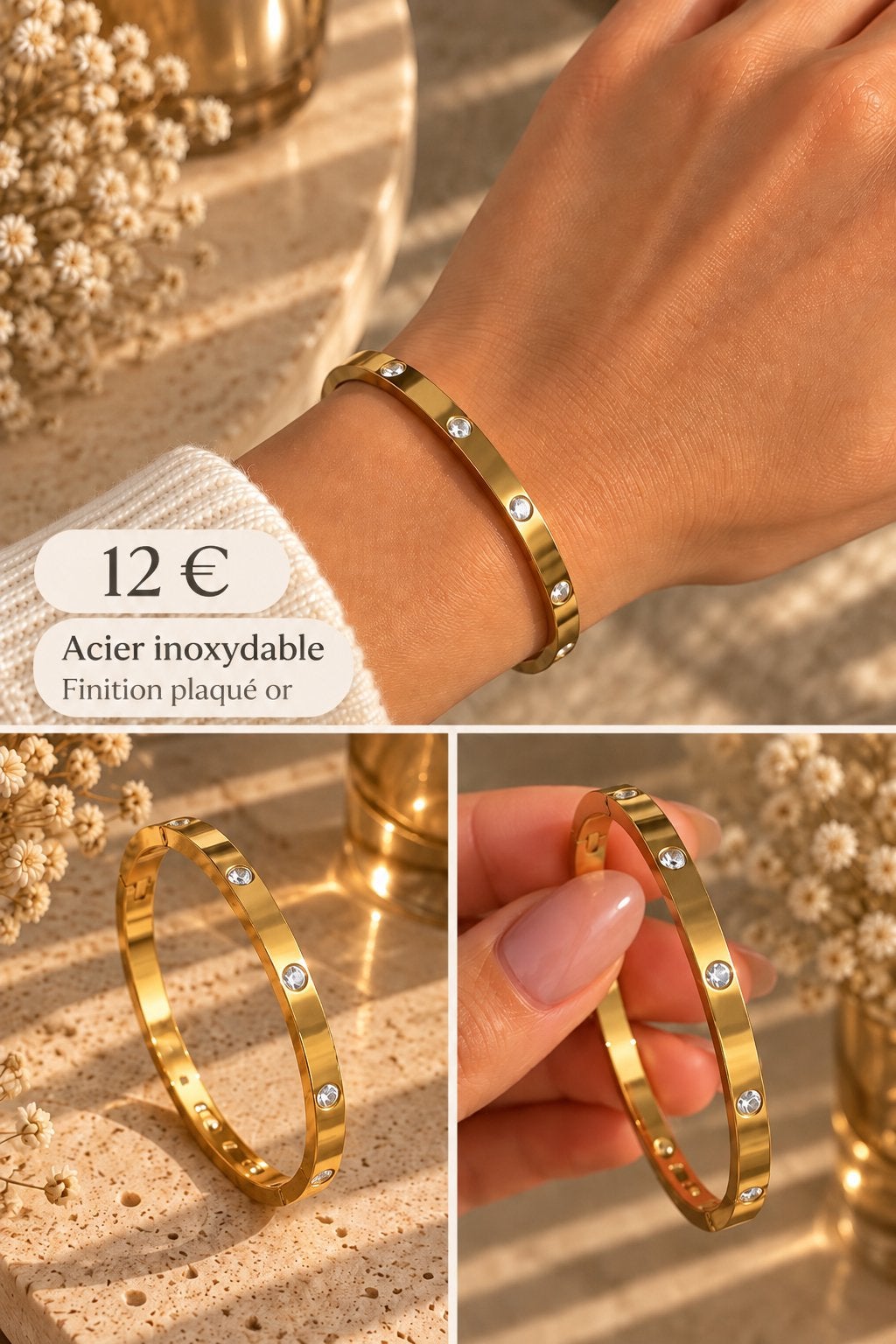 Bracelet jonc doré en acier inoxydable avec strass, Bijoux, Sacs & Beauté, Neuf, Fer ou Acier, Envoi, Avec strass