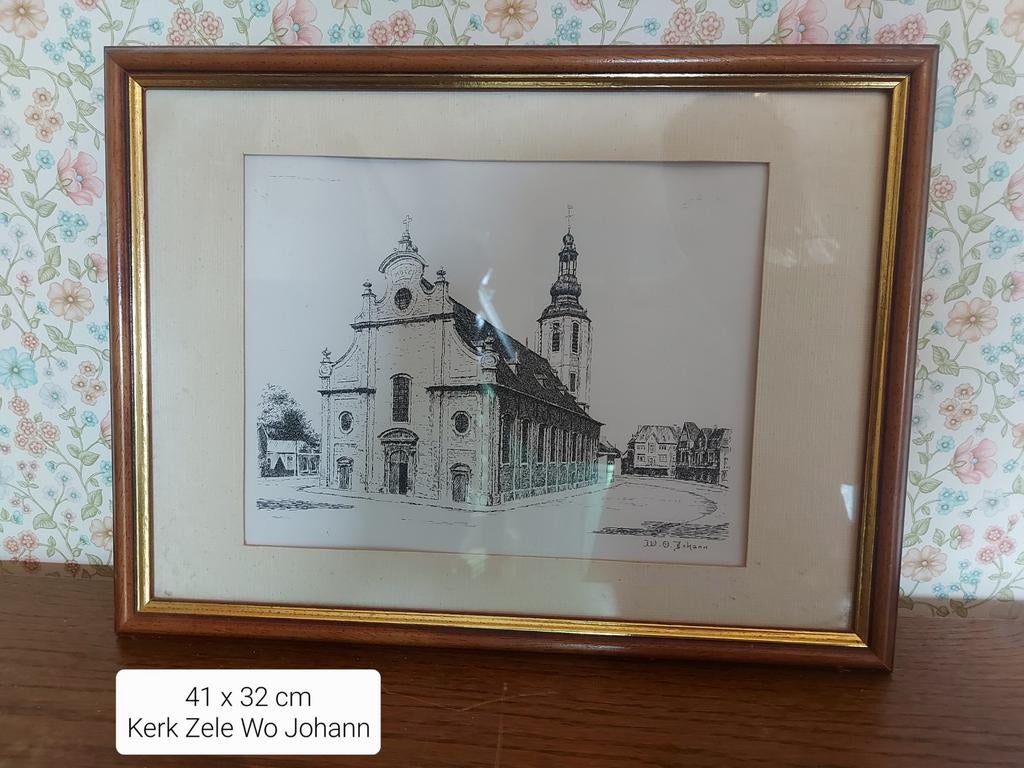 Dessin de l'église Zele WO Johann, Antiquités & Art, Art | Dessins & Photographie, Enlèvement ou Envoi