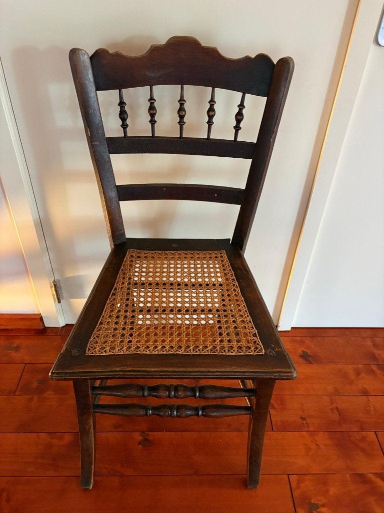 set van 6 vintage houten stoelen met rotan zitting, Ophalen, Gebruikt, Bruin, Hout