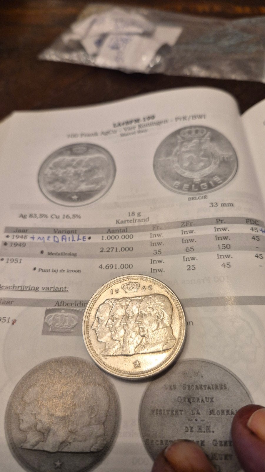 zeer zeldzame munt van 100 frank 1949 vl met dubbele 9, Postzegels en Munten, Zilver, Ophalen of Verzenden, Losse munt, Zilver